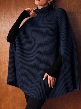 Navy Blue Casual Women's Ribbed Knit High Neck Cape Sweater
